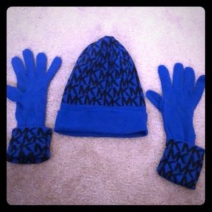 Blue Michael Kors glove and hat set